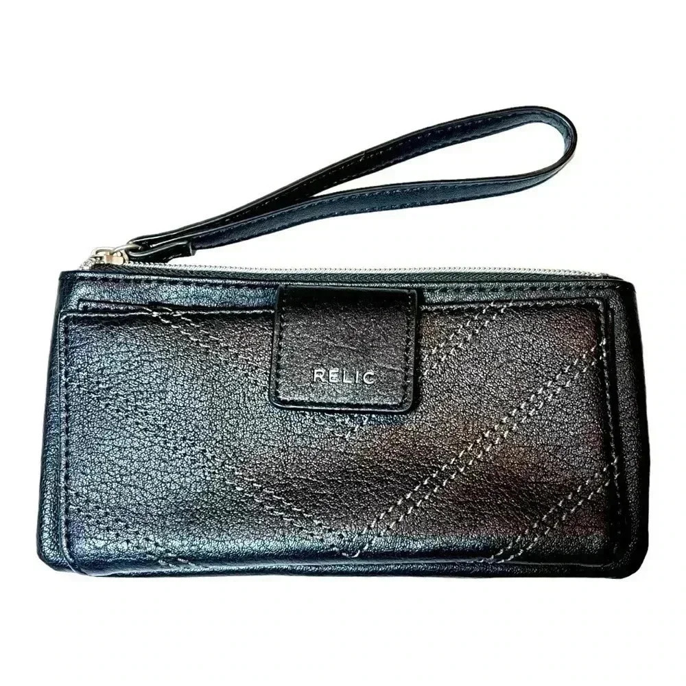Women's Relic Checkbook Wallet Black Embroidered Design Wristlet. Like New.
